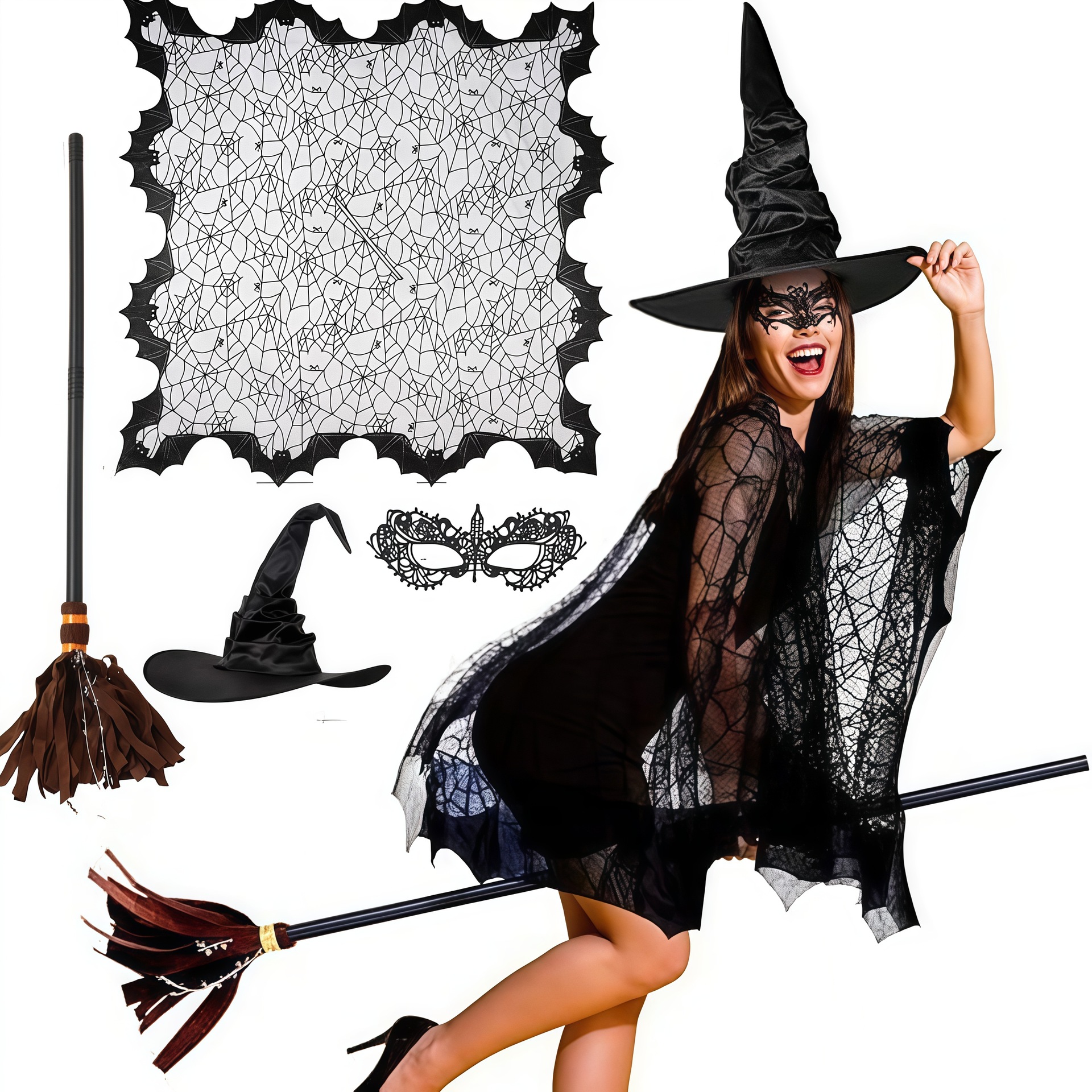 Womens Halloween Witch Costume Accessory Set With Hat Masquerade Mask And Broom